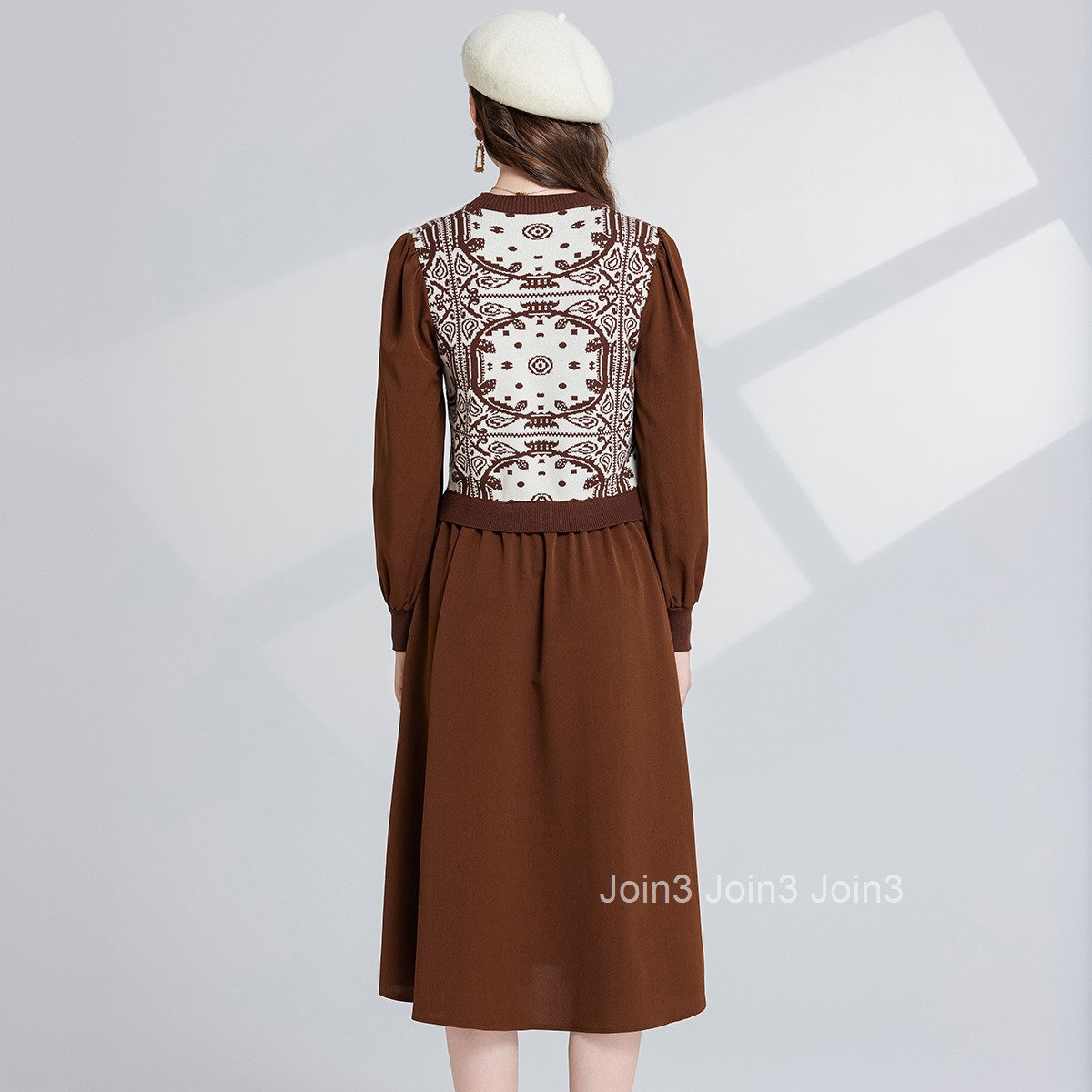 5389 Autumn/Winter New Womens Classic Jacquard Pattern Round Neck Long Sleeve Waist Splicing Dress
