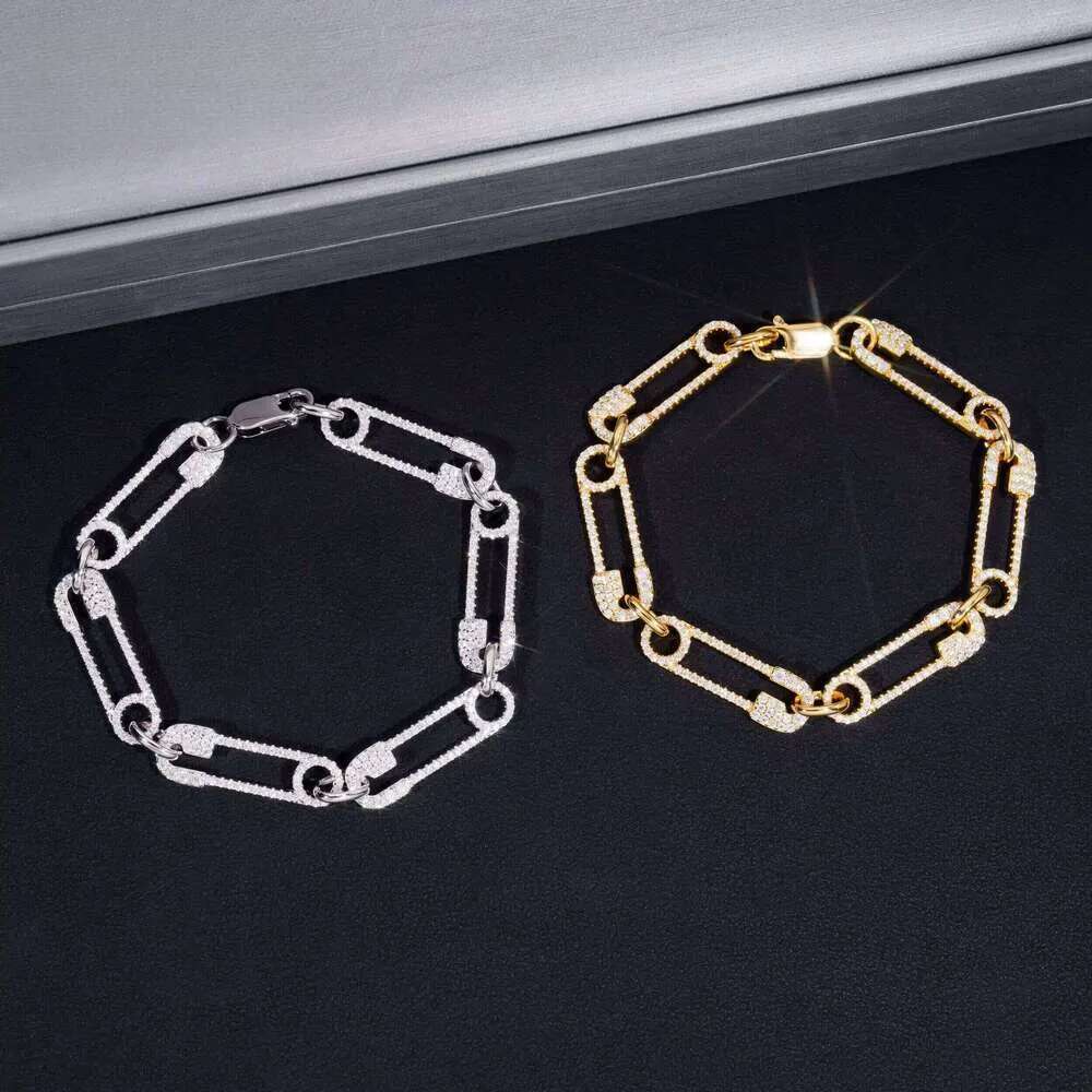 Hip Hop Jewelry Fashion Paper Clip Style Sier Gold Plated Iced Out Moissanite Tennis Bracelet Gifts