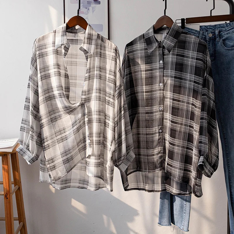 Sheer Chiffon Plaid Shirt for Women Ovesized Collared Buttondown Blouse Summer Laides Slouchy Casual Outfit 250717