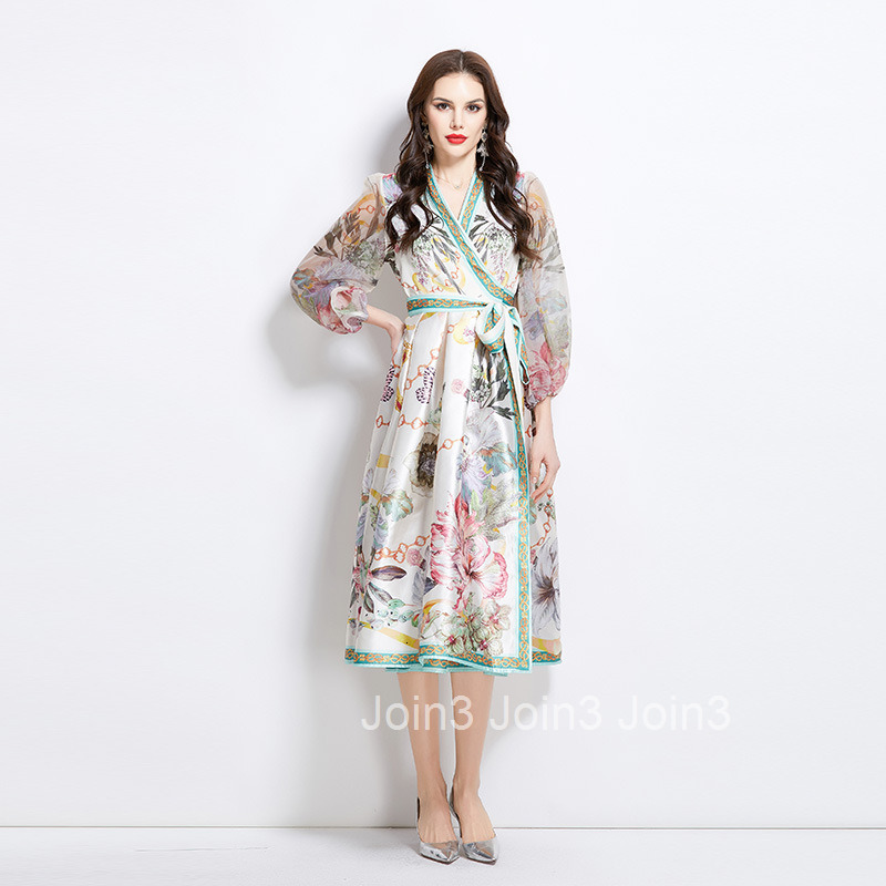2736 Spring New Style Collar Ethnic Print Satin Wrap Long Dress