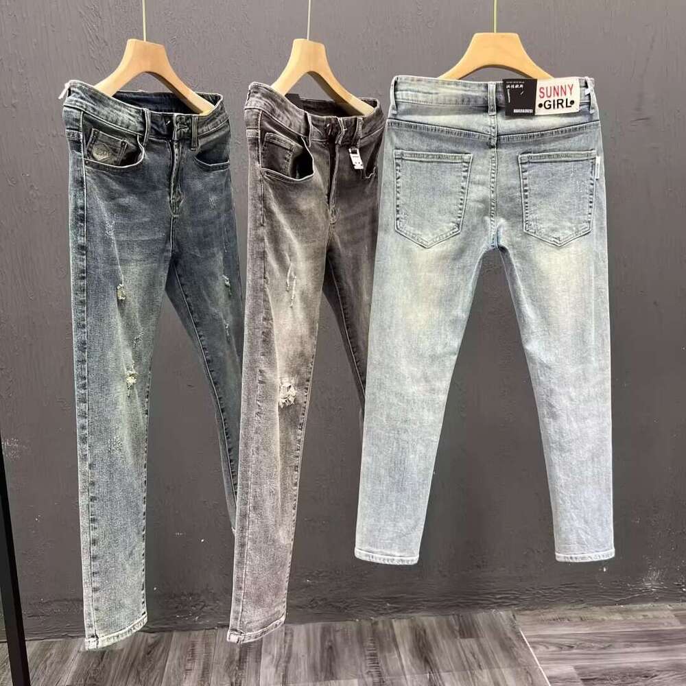 Summer Distressed Light-colored Wear-resistant Jeans for Men, Nine-tenths Length, Trendy Brand, Stylish Korean Version, Versatile Slim Fit, Skinny 9/1