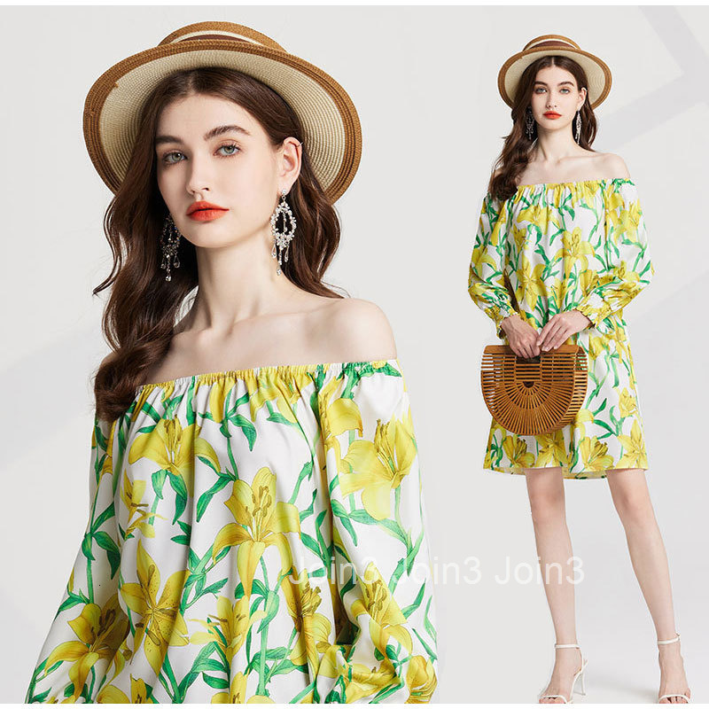 037 Summer New Womens Fashionable Printed Off-Shoulder Long Sleeve Loose Short Dress
