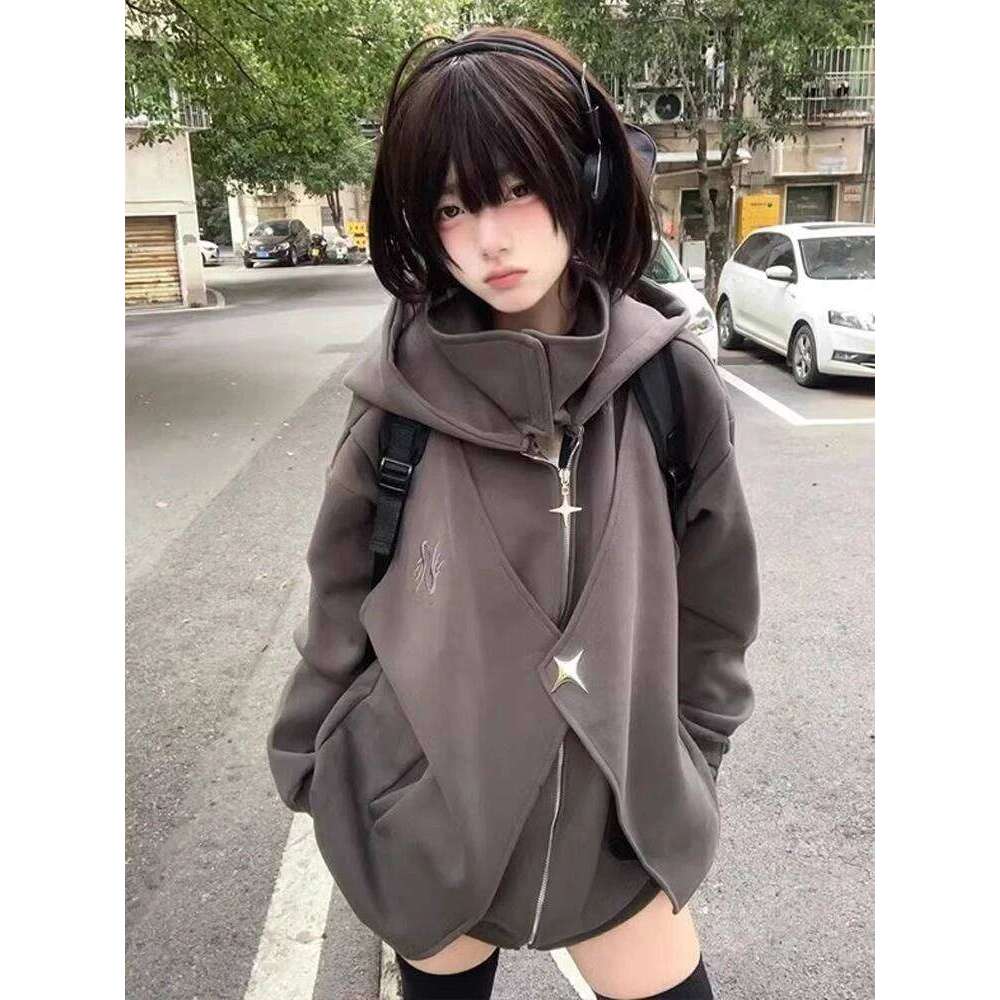 Fake Two Pieces Vintage Loose Zipper Sweatshirts Women Casual Streetwear Grunge Coats Y2k Aesthetic Oversized Stand Neck Hoodies