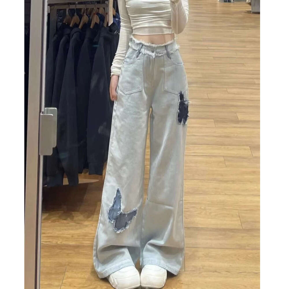 Light Blue Frayed Butterfly Straight Jeans for Women, Autumn New Embroidered Design, High Waist, Loose Fit, Slimming Wide Leg Pants