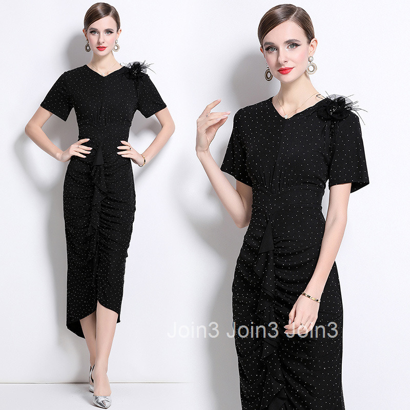 8803 New Fashion Elegant Heavy Rhinestone Waist-Cinching Bodycon Dress Long Dress