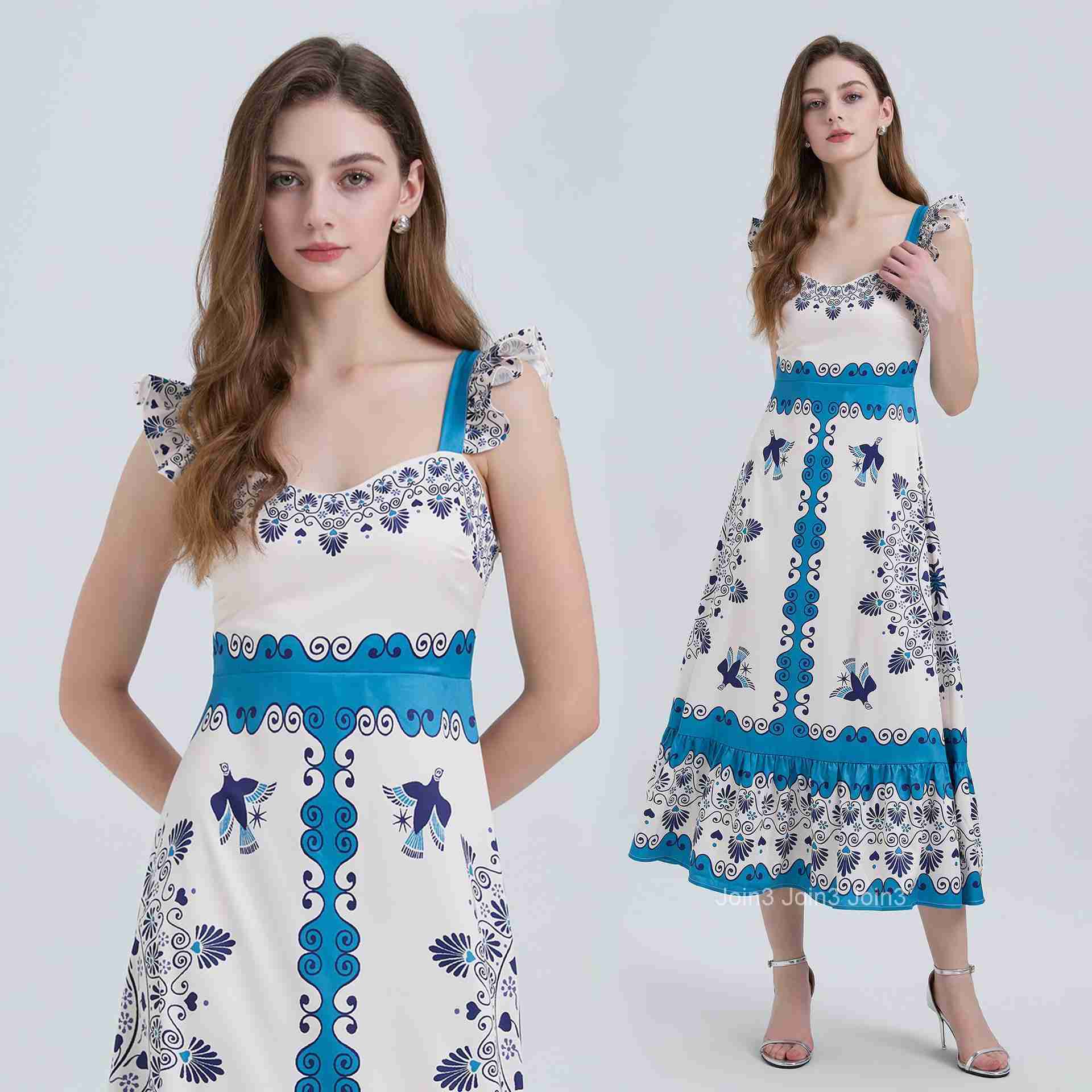 021 Summer New Womens Fashion Elegant Ruffled Strap High Waist Flared Printed Long Dress