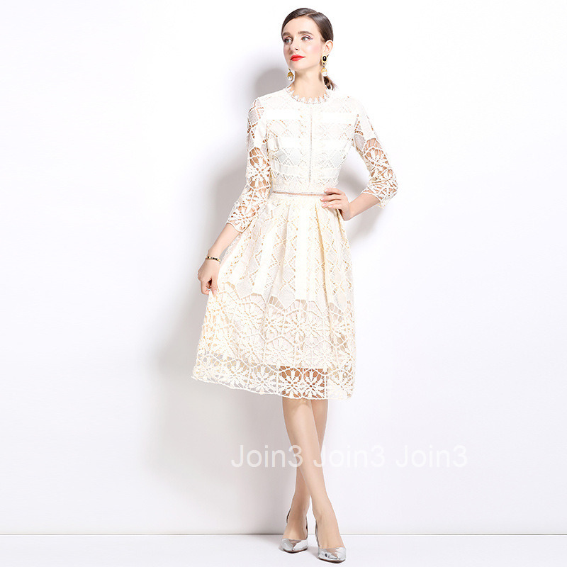 558 autumn new womens clothing style mid long sleeved slimming hollow out water-soluble lace mid length dress