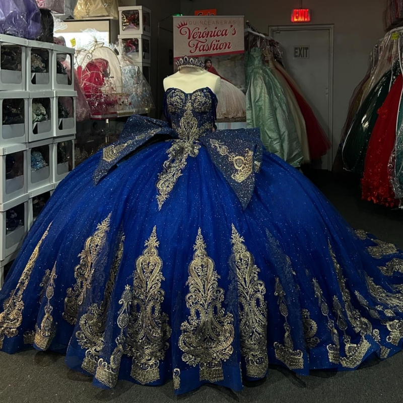 Royal Blue Shiny Quinceanera Dresses Ball Gown Off The Shoulder Gold Applique Lace Beading Tull Party Birthday Sweet 16 Dress Vestidos 15 anos