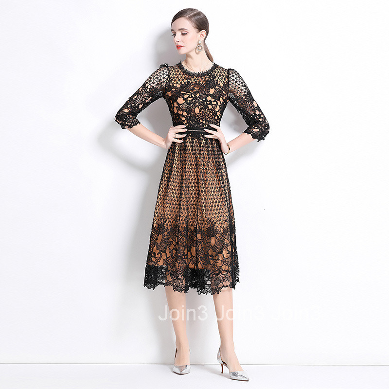 552 Mid-Length Sleeve Slimming Hollow Water-Soluble Lace Positioning Printed Mid-Length Dress