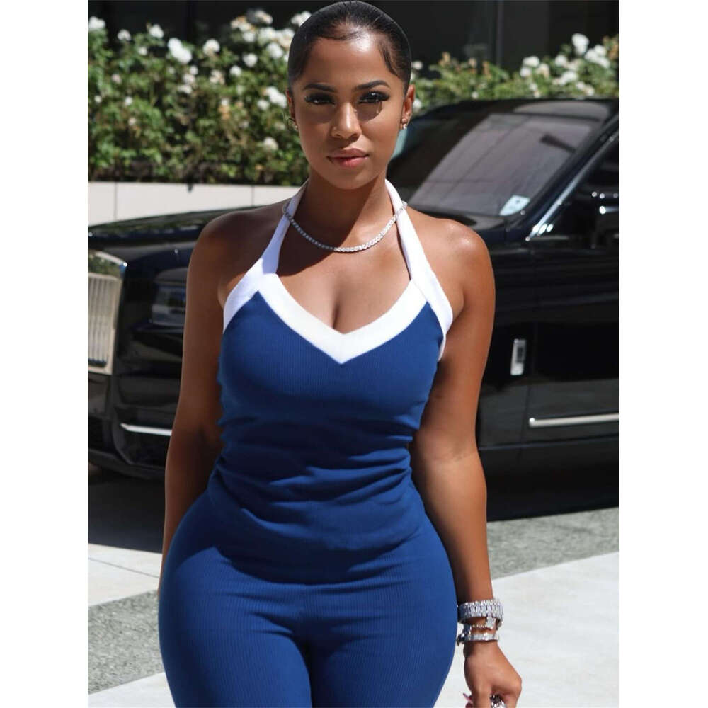 Summer Cross-Border European and American New Fashion Elastic Color-Block Halter Design Tank Top Tight Mid-Length Pants Set for Women