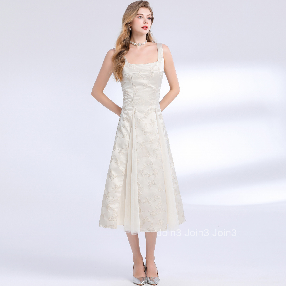 9651 French Elegant Jacquard Dress for Women Lace Strap Waist-Cinching Long Dress