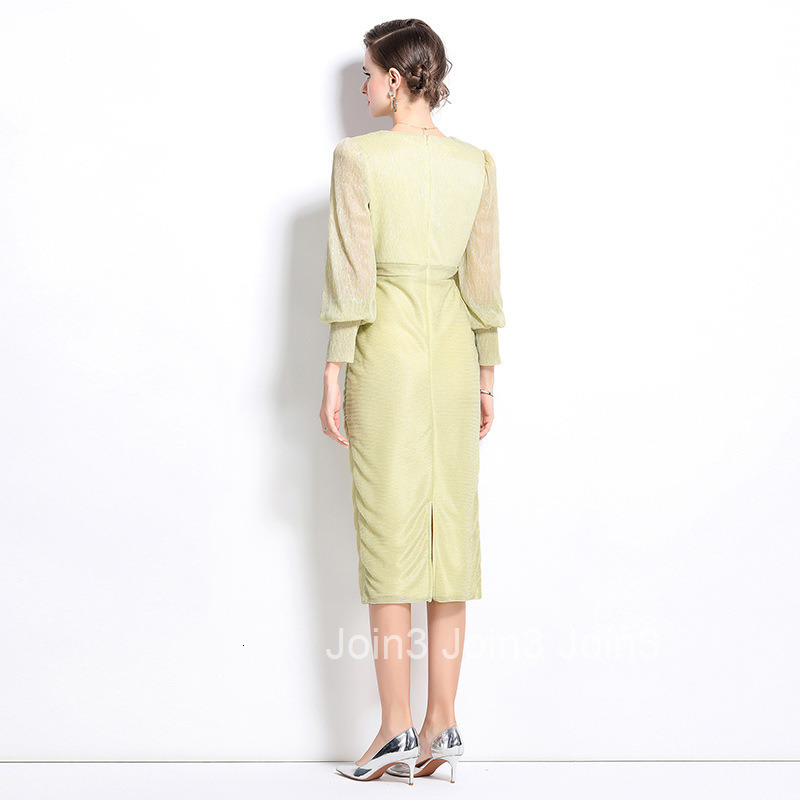 8777 autumn new womens clothing light mature style lantern sleeves pleated flower temperament mid length dress