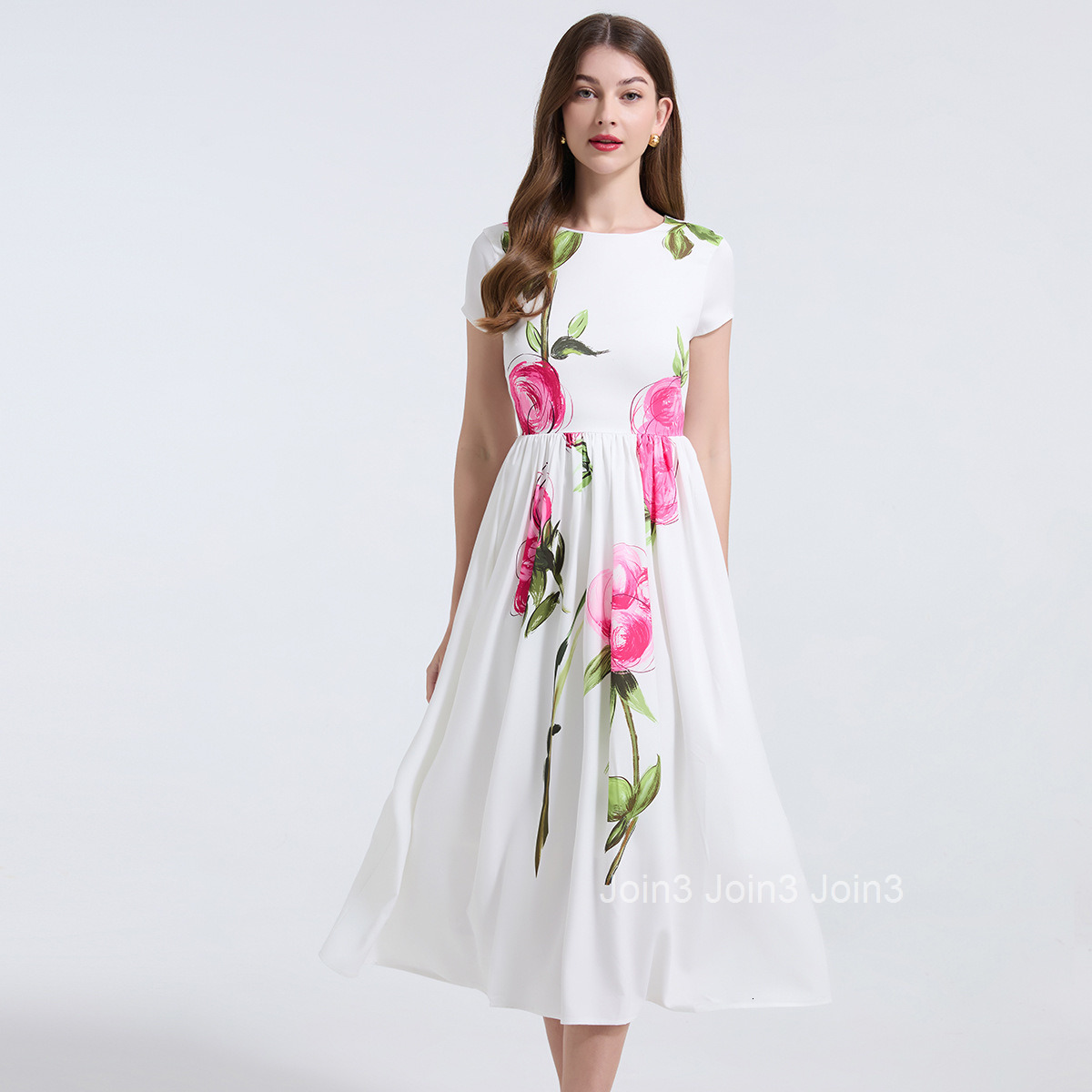 754 Pink Floral Waist-Cinching Slimming Flared Dress Elegant and Youthful Short Sleeve Dress