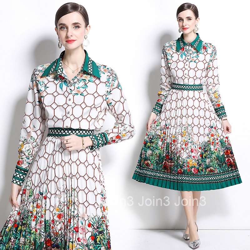 1068 Spring New Womens Clothing Flip Collar Long Sleeve Printed Shirt Hundred Fold Half length Skirt Aging and Temperament Set Skirt