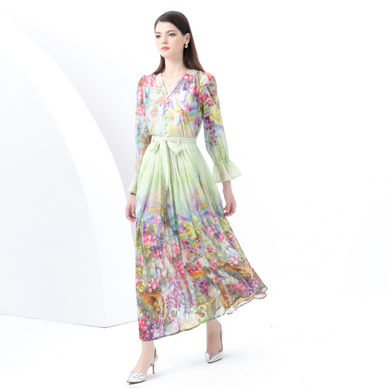 6079 Early Spring New Womens Fashion Elegant V-neck Lantern Sleeve Long Dress Printed Dress Three-piece Set