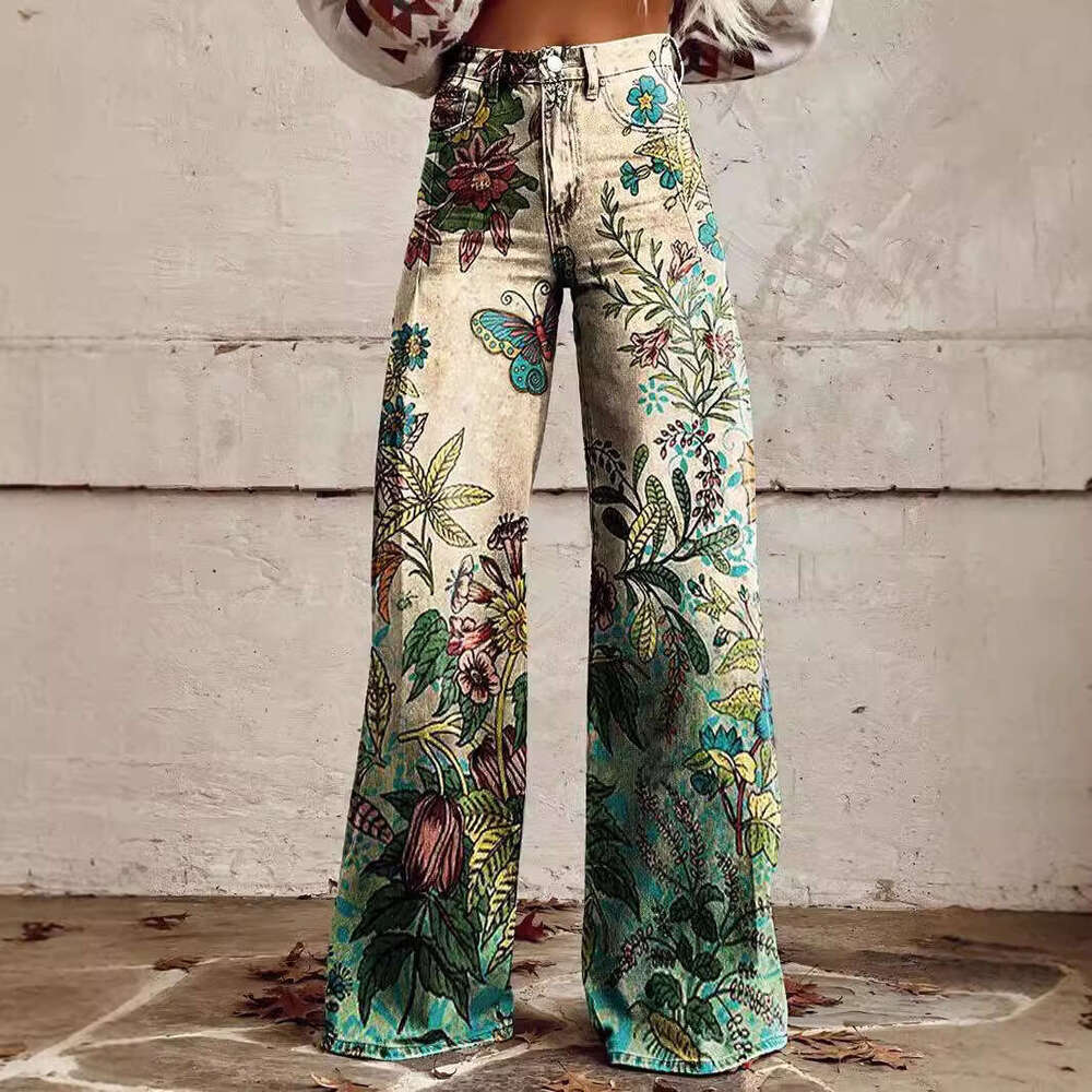 Xiyin Shopee 2024 New 3D Heat Transfer Flared Faux Denim Long Pants Loose Trousers