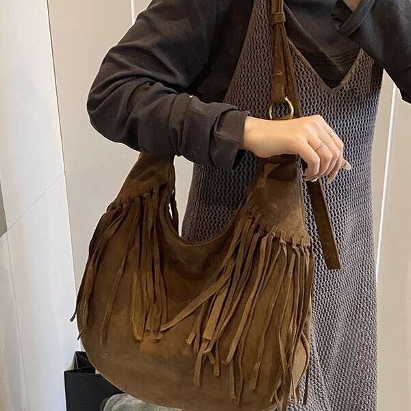 Tassel Large Capacity Tote Crescent Trendy Single Shoulder Women's Simple Crossbody Suede Dumpling Bag