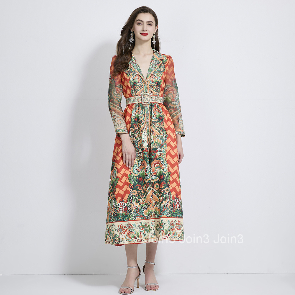 2098 Autumn New Womens Vacation Style Suit Collar Printed Long Sleeve Waist-Cinching Long Dress