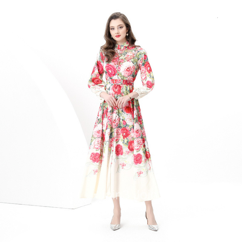 8852 Early Spring New Womens Vacation Style Stand Collar Lace Patchwork Printed Flared Long Dress