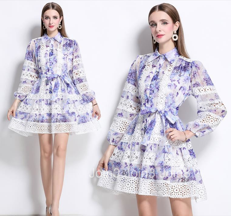 5157 Spring New Long Sleeve Hollow Lace Patchwork Printed Dress