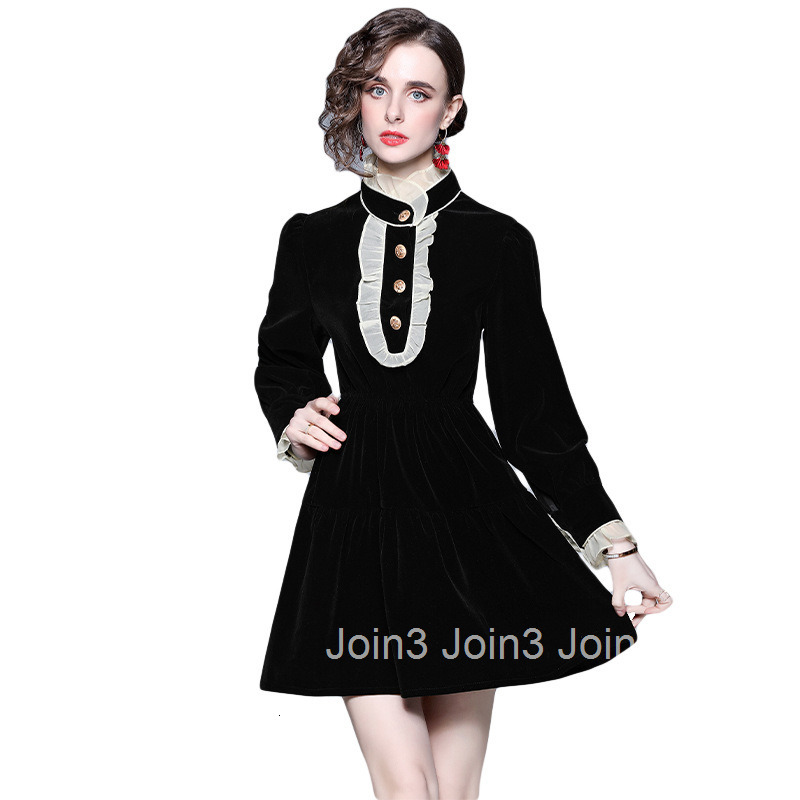 8356 Autumn New Womens Small Black Dress with Black Velvet Long Sleeve Short Skirt Style