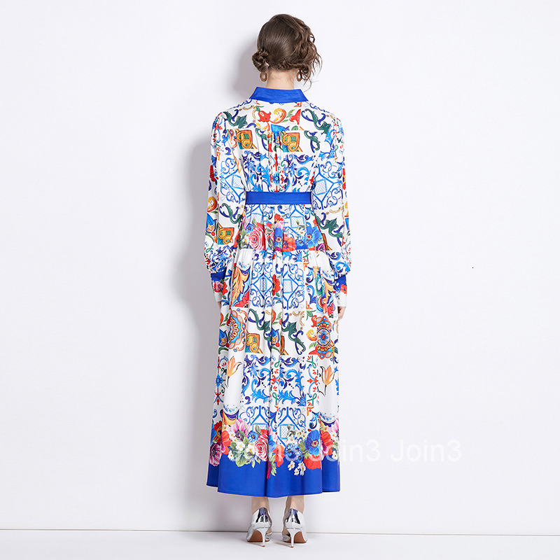 2082 Summer New Womens Fashion Stand Collar Single Breasted Tie Printed Long Dress