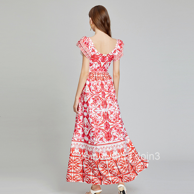 Summer New Arrival Positioning Printed V-Neck High Waist Flared Dress Slim A-Line Dress