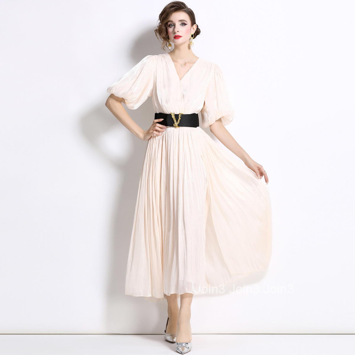 1662 Summer New Womens Fashion Elegant Puff Sleeve Pleated Slim Fit Flared Long Dress