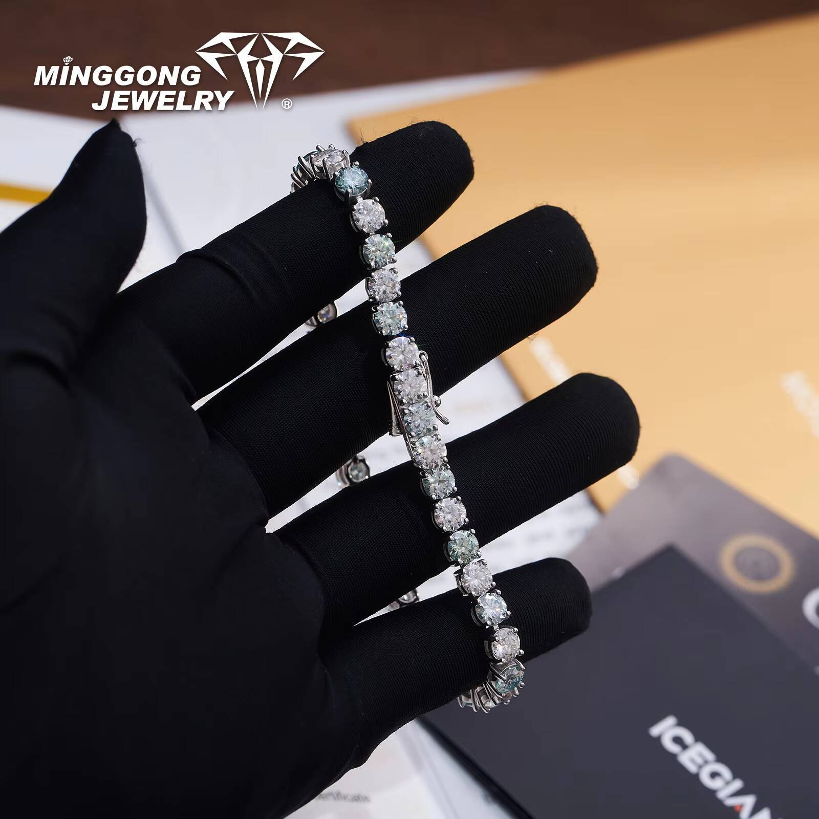 New Design Blue White Moissanite Tennis Chain Bracelet 100% Diamond-Passed Hip Hop Bling Style for Men Women