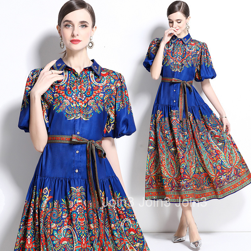 2025 Spring/Summer New Cotton Hemp Collar Lantern Sleeve Printed Dress Long Skirt