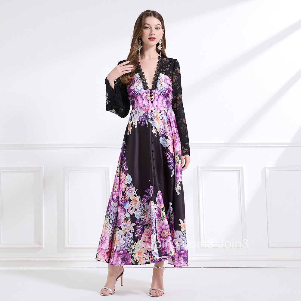 2188 Spring New Womens Fashion Elegant Vacation Style Lace Trim Patchwork Printed Waist-Cinching Long Dress