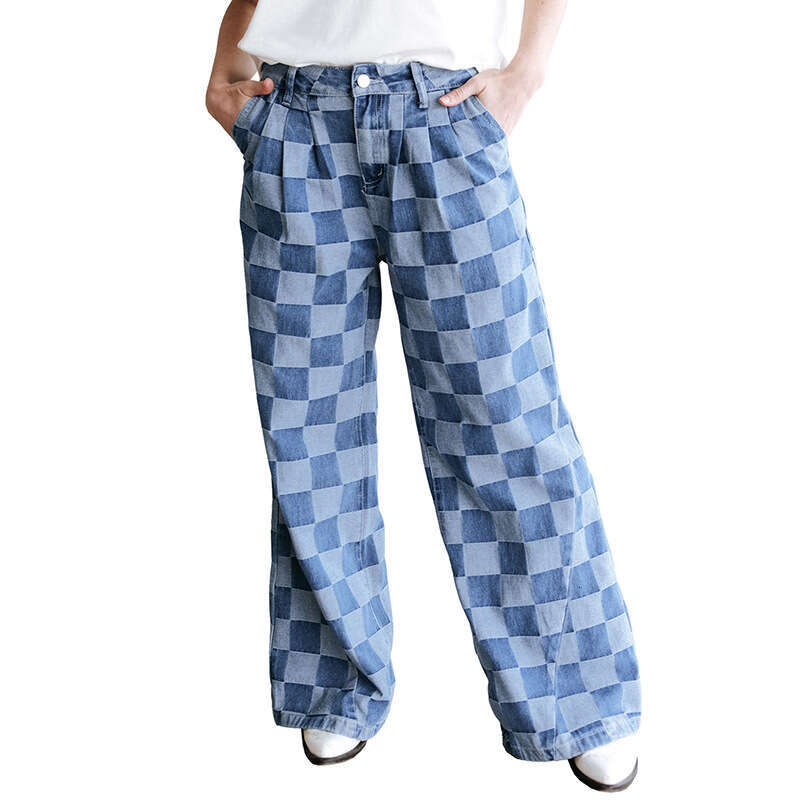 Trendy Plaid Print Jeans 2025 Autumn New High Waist Loose Wide Leg Pants for Women