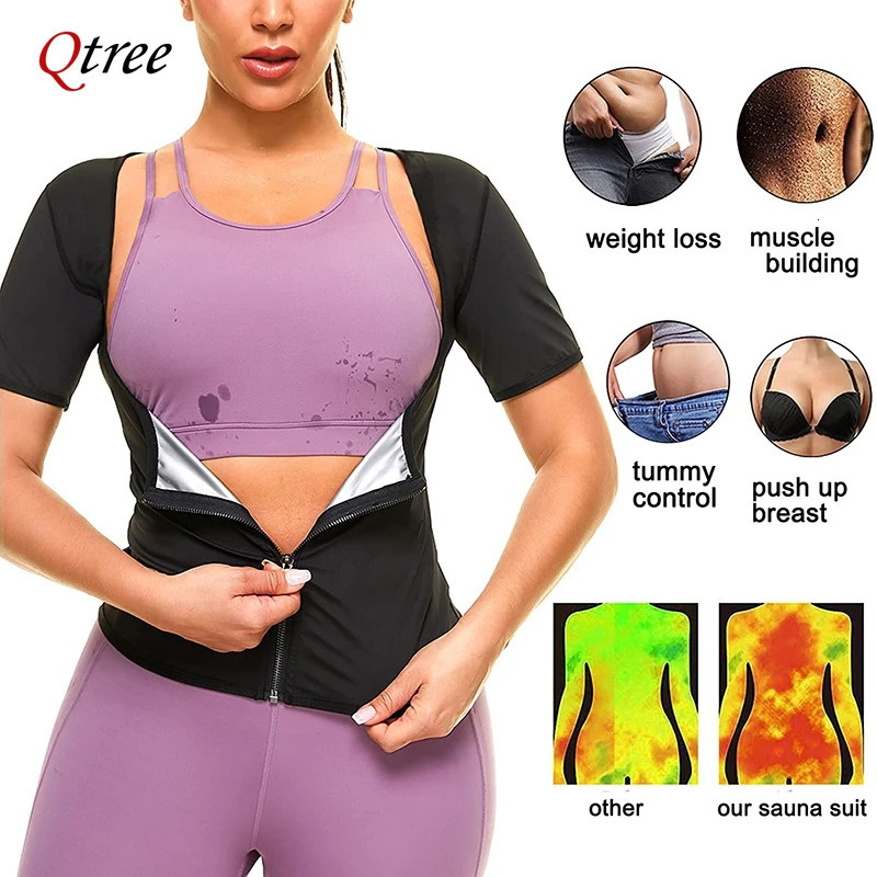 Qtree Sauna Sweat with Zipper Slimming Body Shaper Suits Women Waist Trainer Corsets Weight Loss Push Up Chest Arm Slimmer Vest 250716