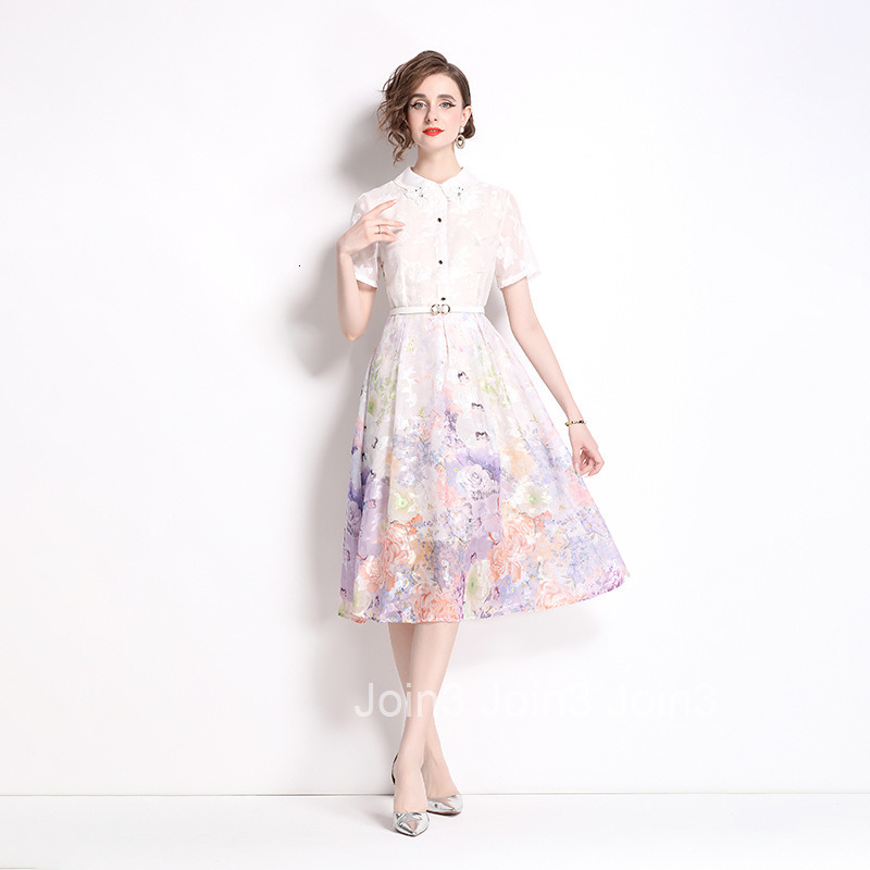 8026 Summer New Womens Fashion Elegant Socialite Purple Printed Short Sleeve Slim Fit Mid-Length Dress