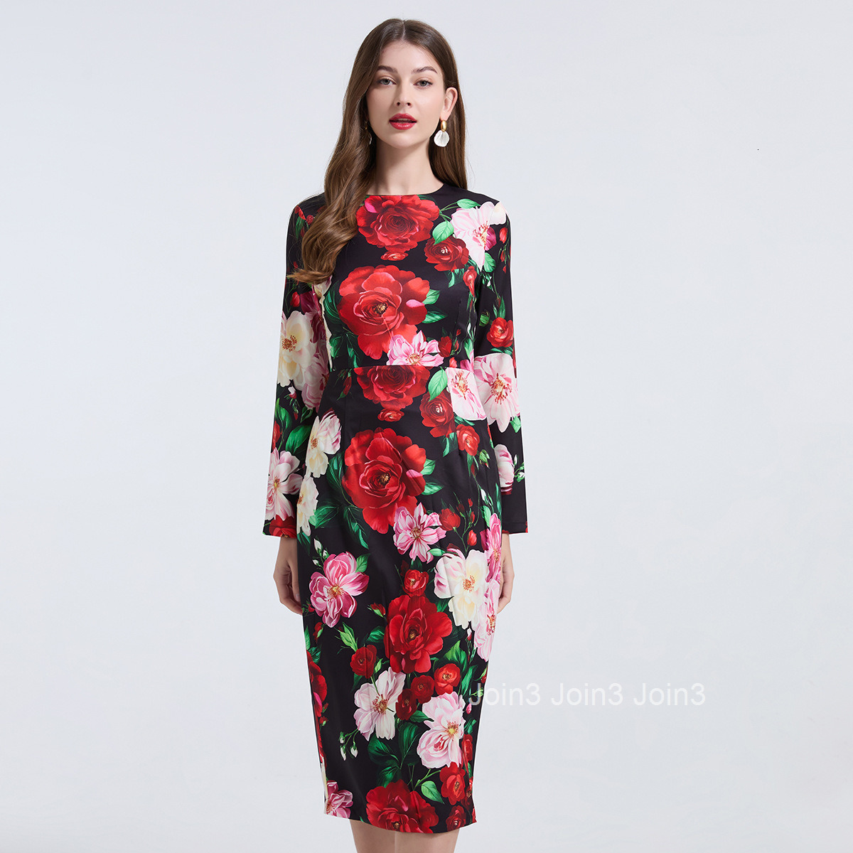 789 Elegant Rose Large Flower Slim Fit Bodycon Dress High Waist Round Neck Long Sleeve Dress