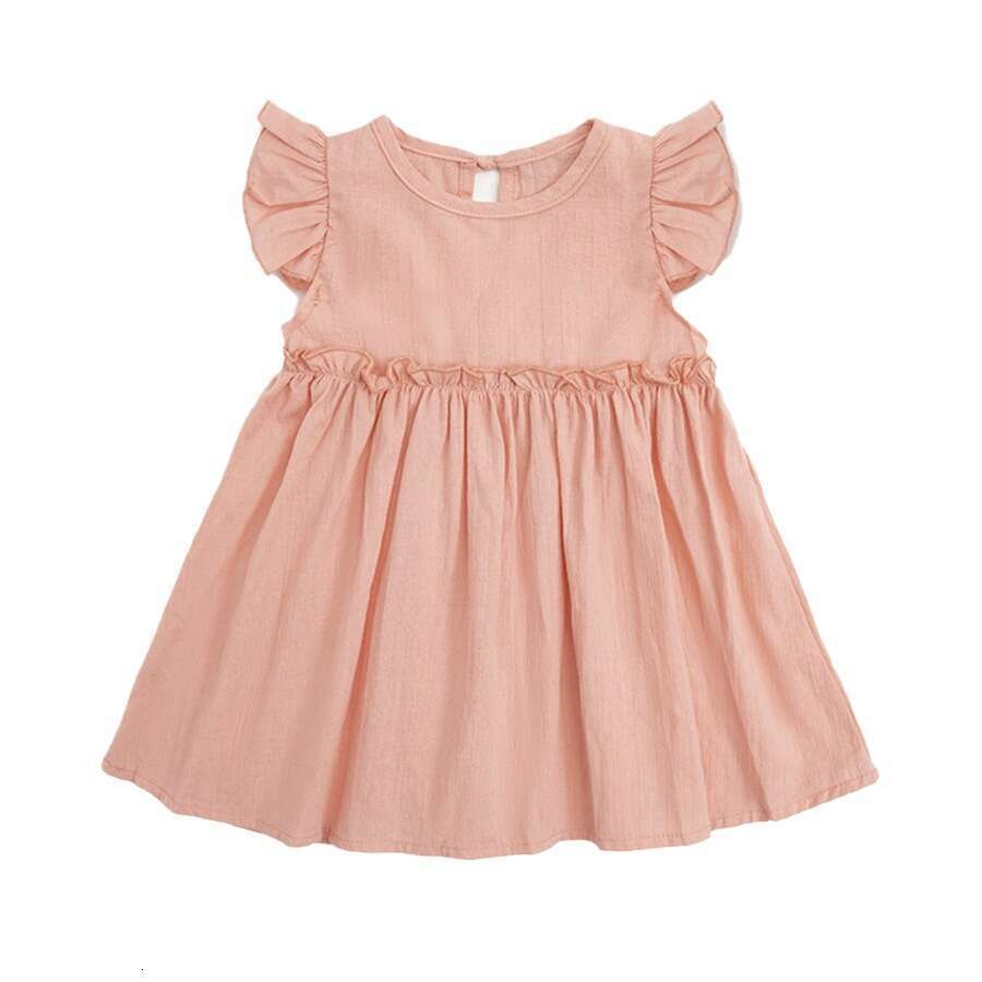 New INS Style Solid Color Cotton Linen Girls' with Flutter Sleeves and Tie Princess Dress Children's Clothing