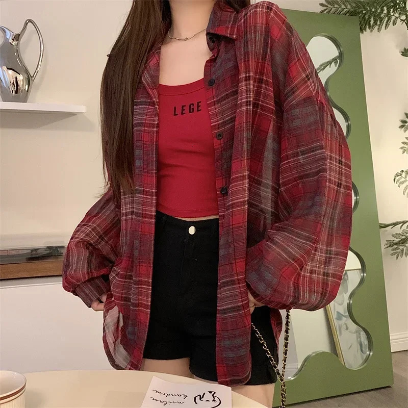 Top Sheer Chiffon Plaid Shirt Long Sleeve Button Up Collared Oversize Checked Shirts and Blouse Summer Casual Outfit 250717