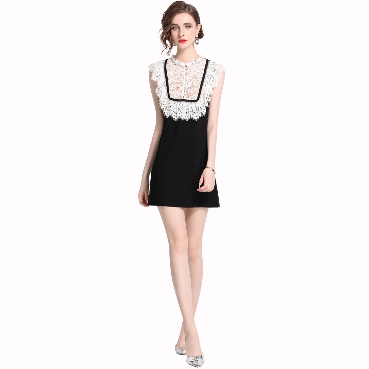 6870 Summer New Womens Fashion Elegant Rhinestone Dress Lace Patchwork Slim Fit Little Black Dress