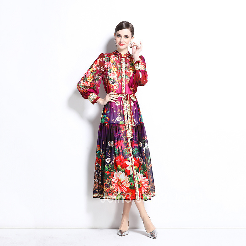 1241 Spring/Summer New Chiffon Stand up Collar Lantern Sleeve Printed Dress Long Skirt