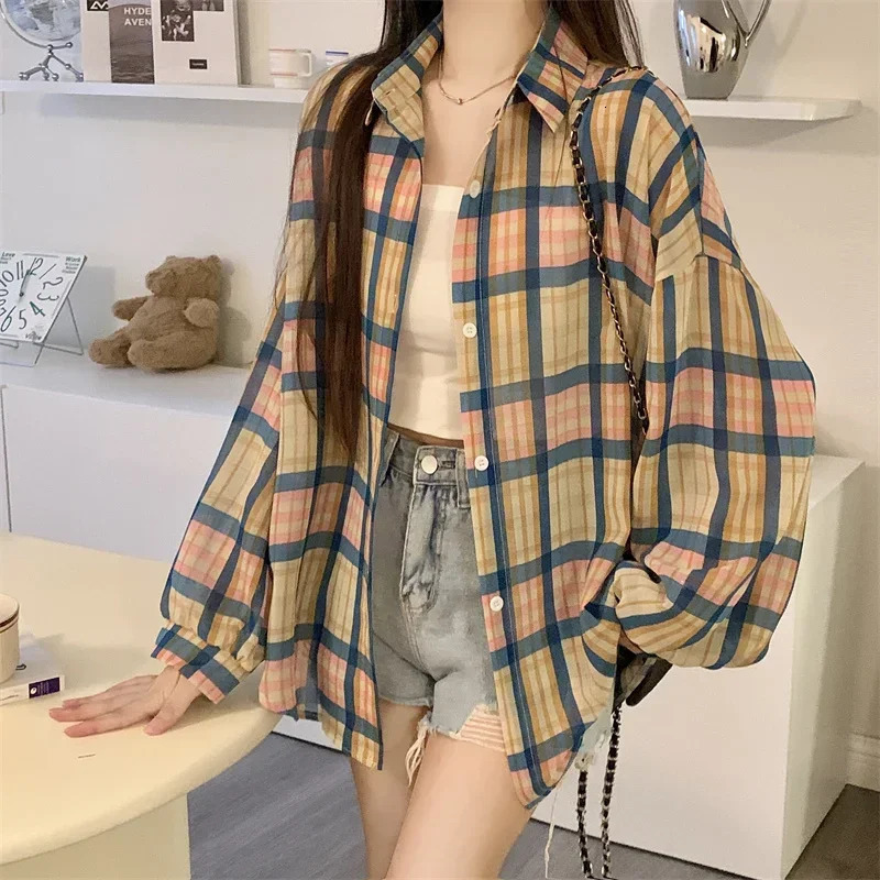 Top Sheer Chiffon Plaid Shirt Long Sleeve Button Up Collared Oversize Checked Shirts and Blouse Summer Casual Outfit 250717