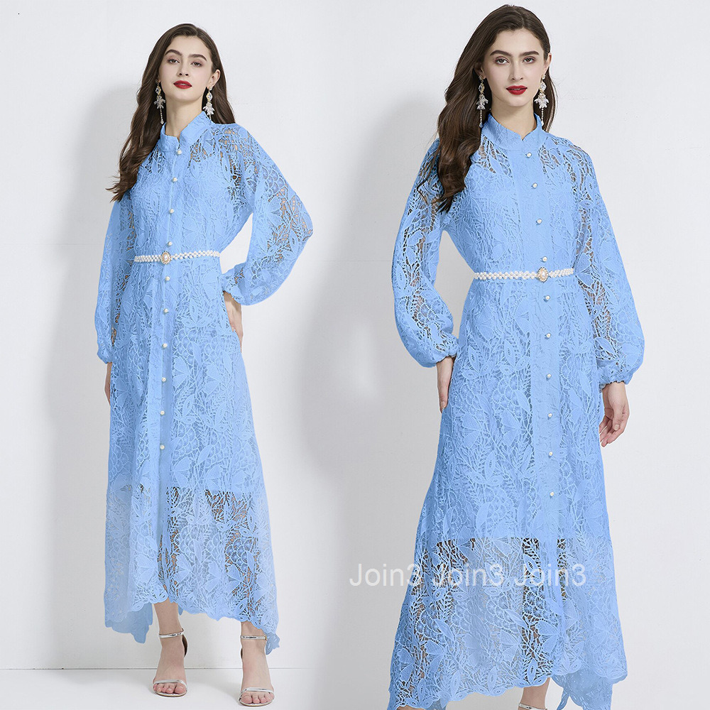 2114 Water soluble lace stand up collar lantern sleeves pearl belt waist cinching temperament long skirt dress two-piece set