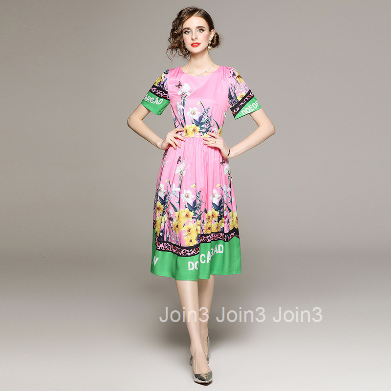 8698 Fashion Pastoral Style Floral Print Short Sleeve Dress with Lining