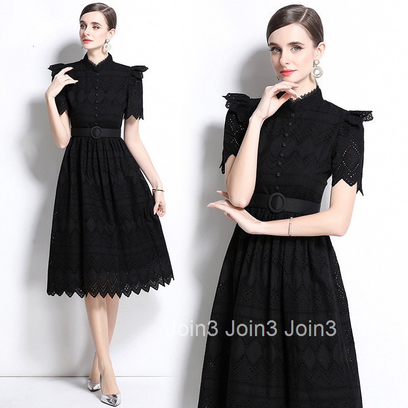 710 New Product Lace Elegant Splicing Waist Short Sleeve Dress