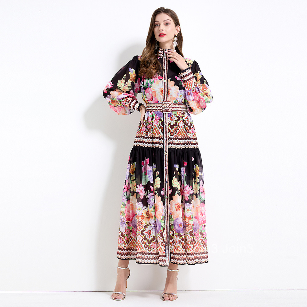 2165 Elegance style floral print long sleeved lotus leaf edge skirt chiffon two-piece set