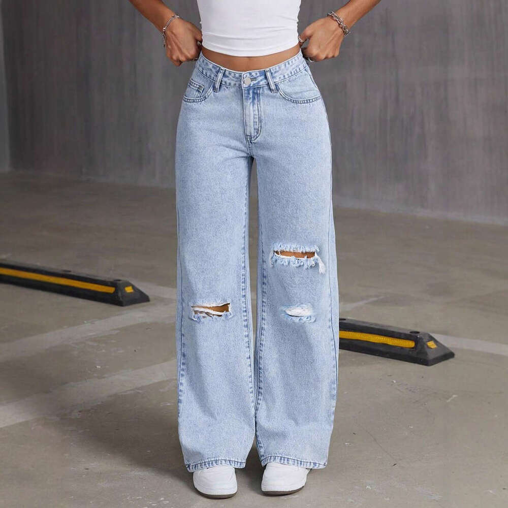 Commuting Style Wide-Leg Ripped Washed High-Waist Straight-Leg Jeans for Women