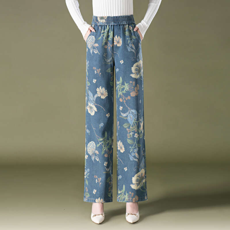 1008 Tencel Denim Printed Straight Wide-Leg for Women 2024 Autumn New Korean Style Casual Middle-Aged Women's Pants