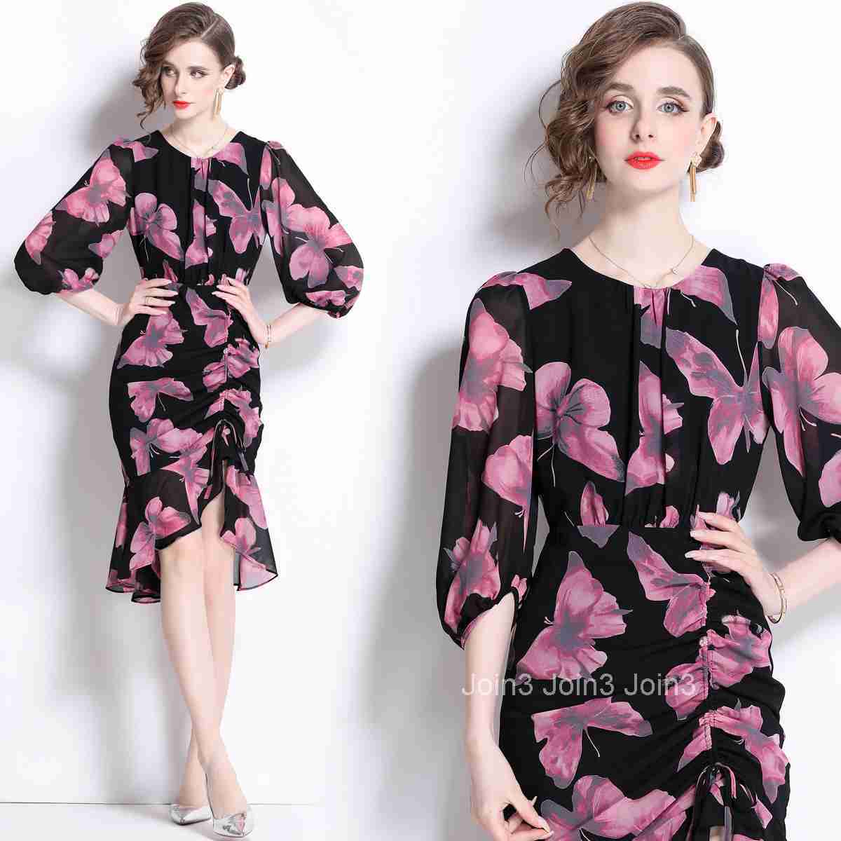 5819 Spring Summer New Womens Fashion Elegant Mermaid Hem Floral Dress Lantern Sleeve Slim Fit Mid-Length Dress