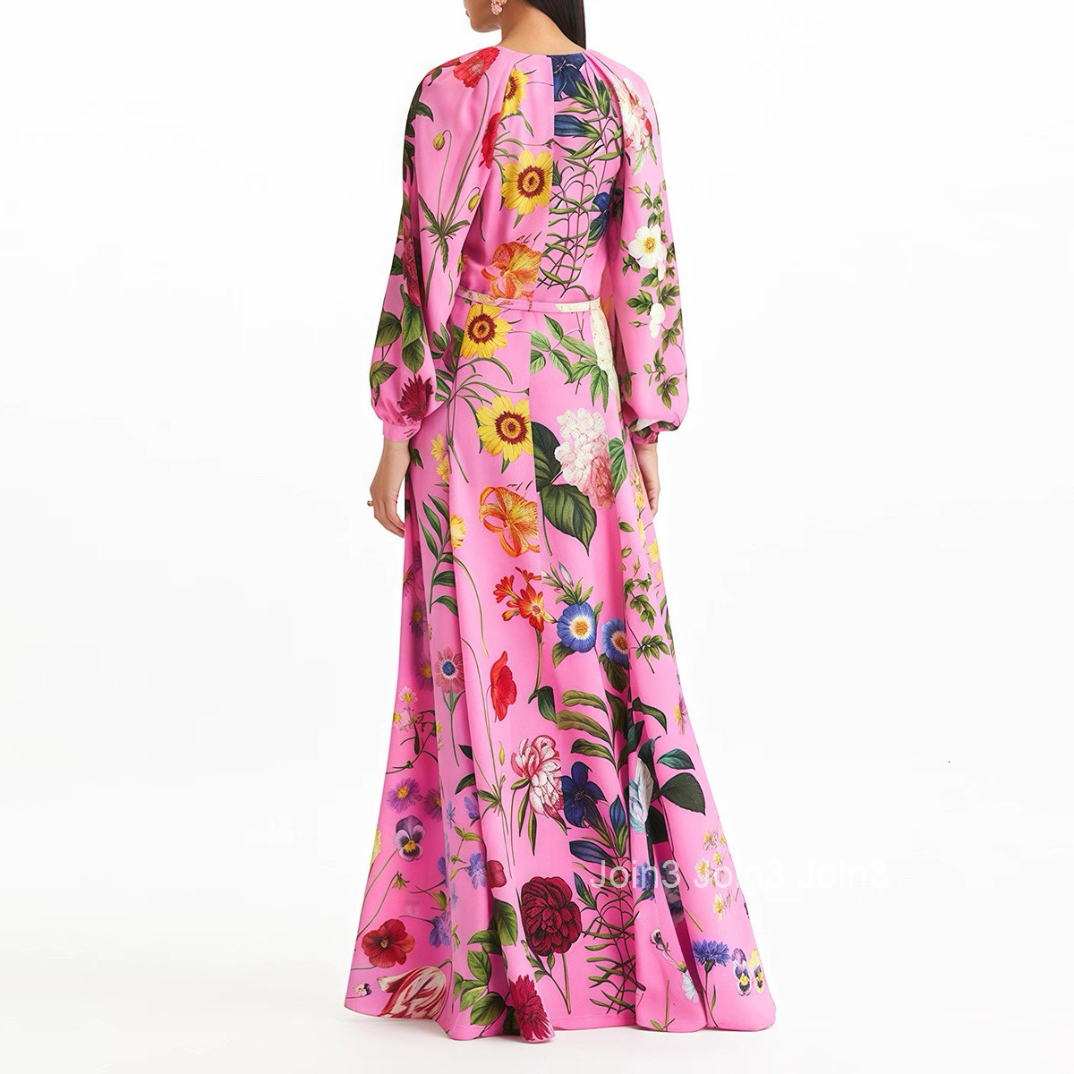 9663 Lantern Sleeve Dress for Women Printed Long Sleeve Single-Breasted Round Neck Flared Dress with Belt