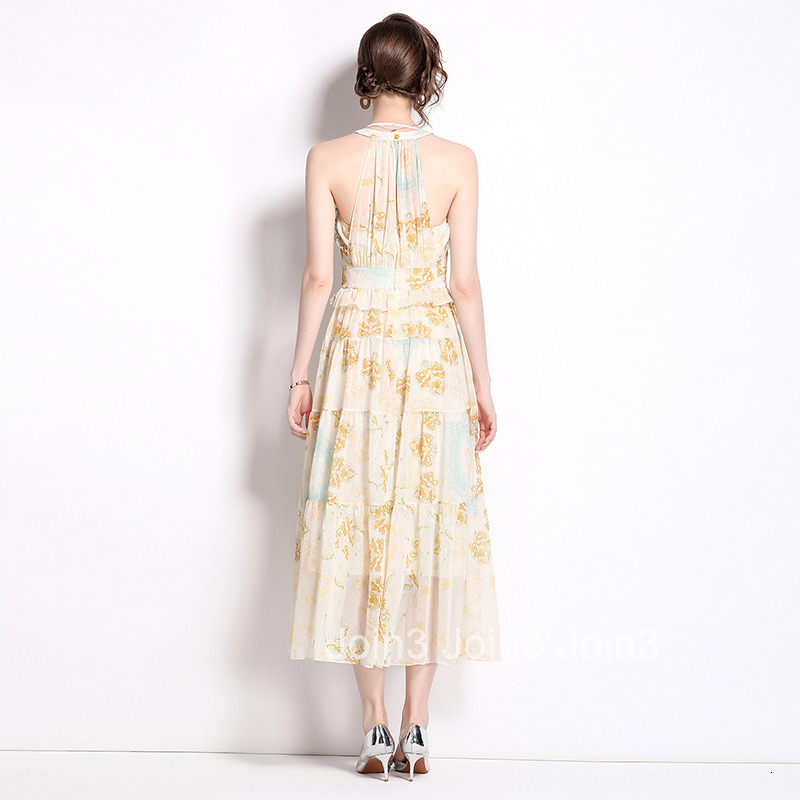 1023 Summer New Beach Vacation Flowing Printed Halter Dress