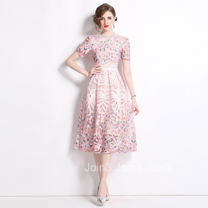 541 Summer New Womens Dress with Fashionable and Skinny Look Hollow out Water soluble Lace Printed Medium to Long Length Dress